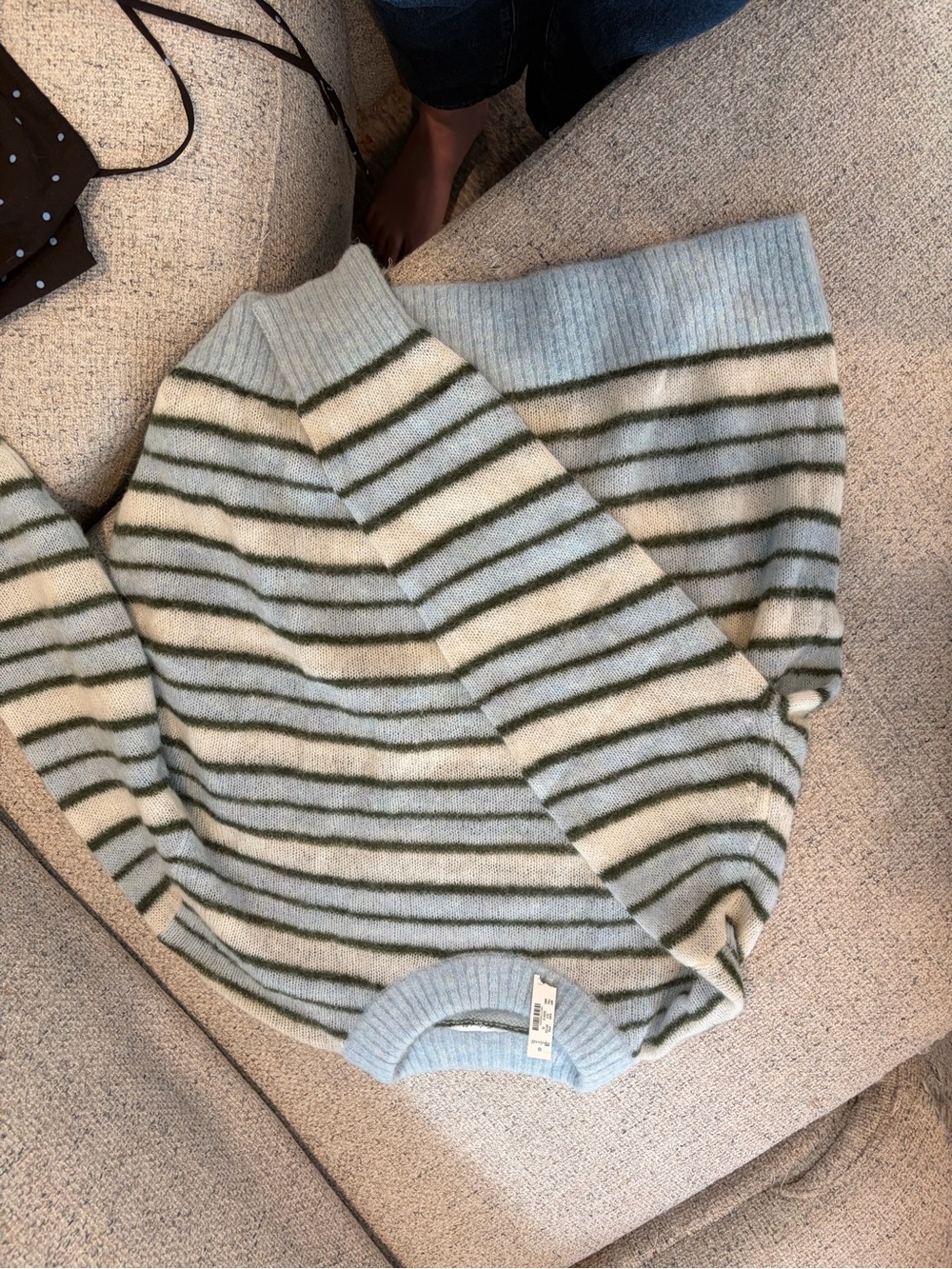 Madewell Pale Blue, Cream & Olive-Striped Crewneck Sweater